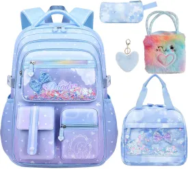 5PCS Kids Backpack Set Cute School Backpack for Girls Kawaii Teen Schoolbag Multi-pocket Laptop Bag, Large Capacity Double Shoulder Backpack 16.5in Dreamy Daypack for Primary Elementary School, Blue