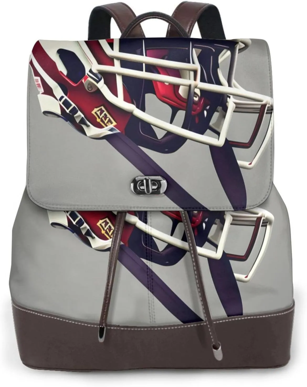 American Football Print Women's PU Leather Backpack, Fashion, Work, Journey Daily Use - Chestnut Brown