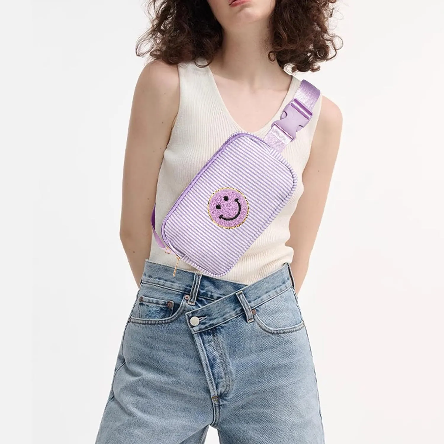 Boulder Bee Belt Bag with Initial Letter, Stylish Fanny Pack for Teenager Girls, Cute Trendy Stuff, Crossbody Bags, Birthday Gifts Bag, Christmas Gift(Purple, Purple Smile Face)