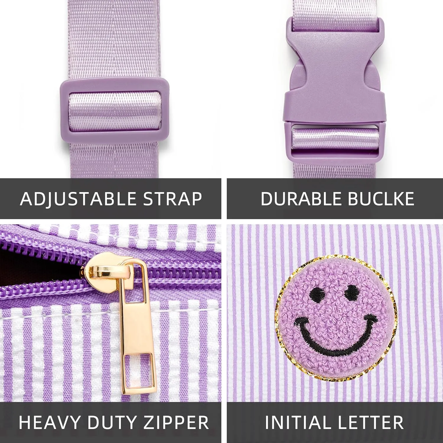 Boulder Bee Belt Bag with Initial Letter, Stylish Fanny Pack for Teenager Girls, Cute Trendy Stuff, Crossbody Bags, Birthday Gifts Bag, Christmas Gift(Purple, Purple Smile Face)