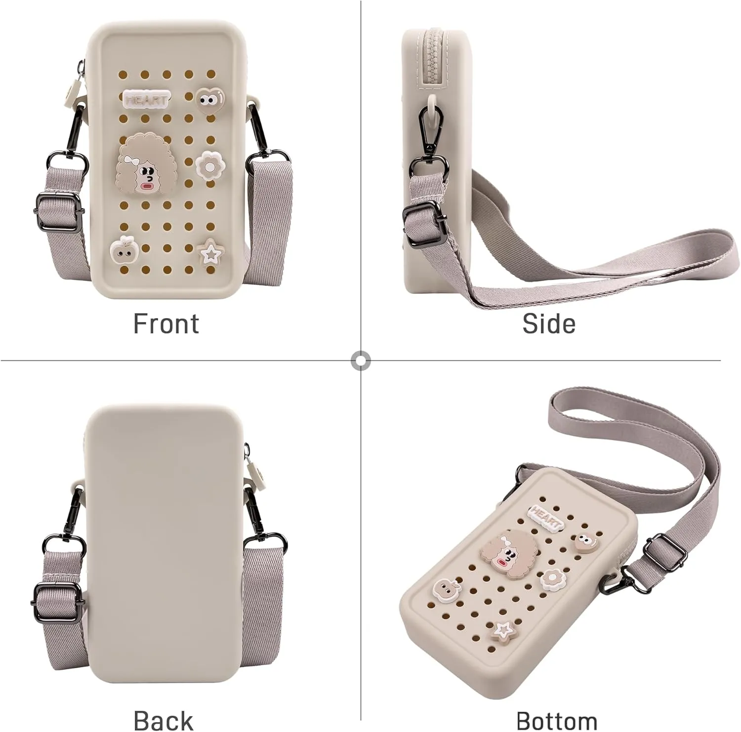CANDY Small Crossbody Bag with Wide Shoulder Strap and Larger Holes for Charms  Adjustable, Stylish, and Comfortable Everyday Bag (Beige)