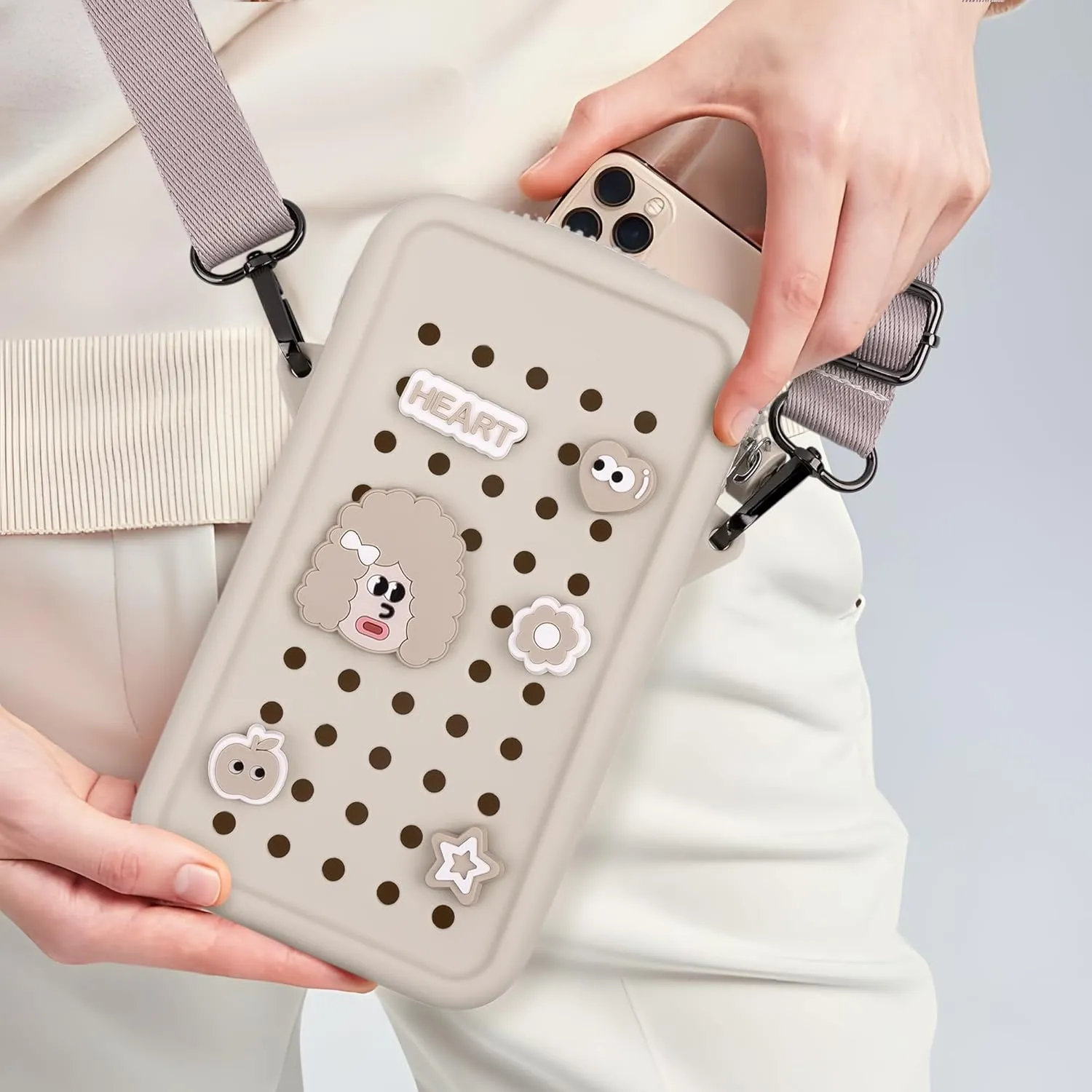CANDY Small Crossbody Bag with Wide Shoulder Strap and Larger Holes for Charms  Adjustable, Stylish, and Comfortable Everyday Bag (Beige)
