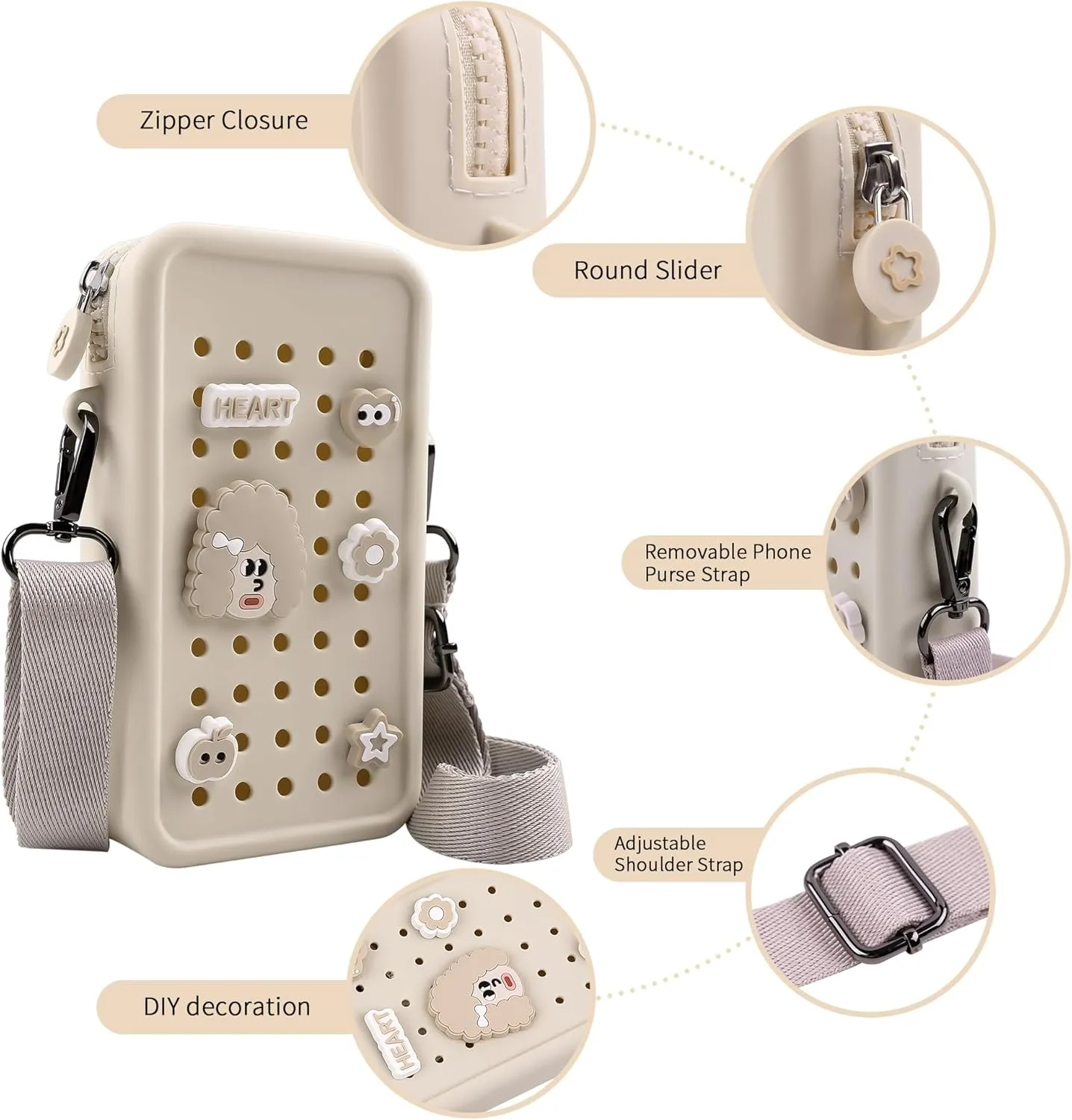 CANDY Small Crossbody Bag with Wide Shoulder Strap and Larger Holes for Charms  Adjustable, Stylish, and Comfortable Everyday Bag (Beige)