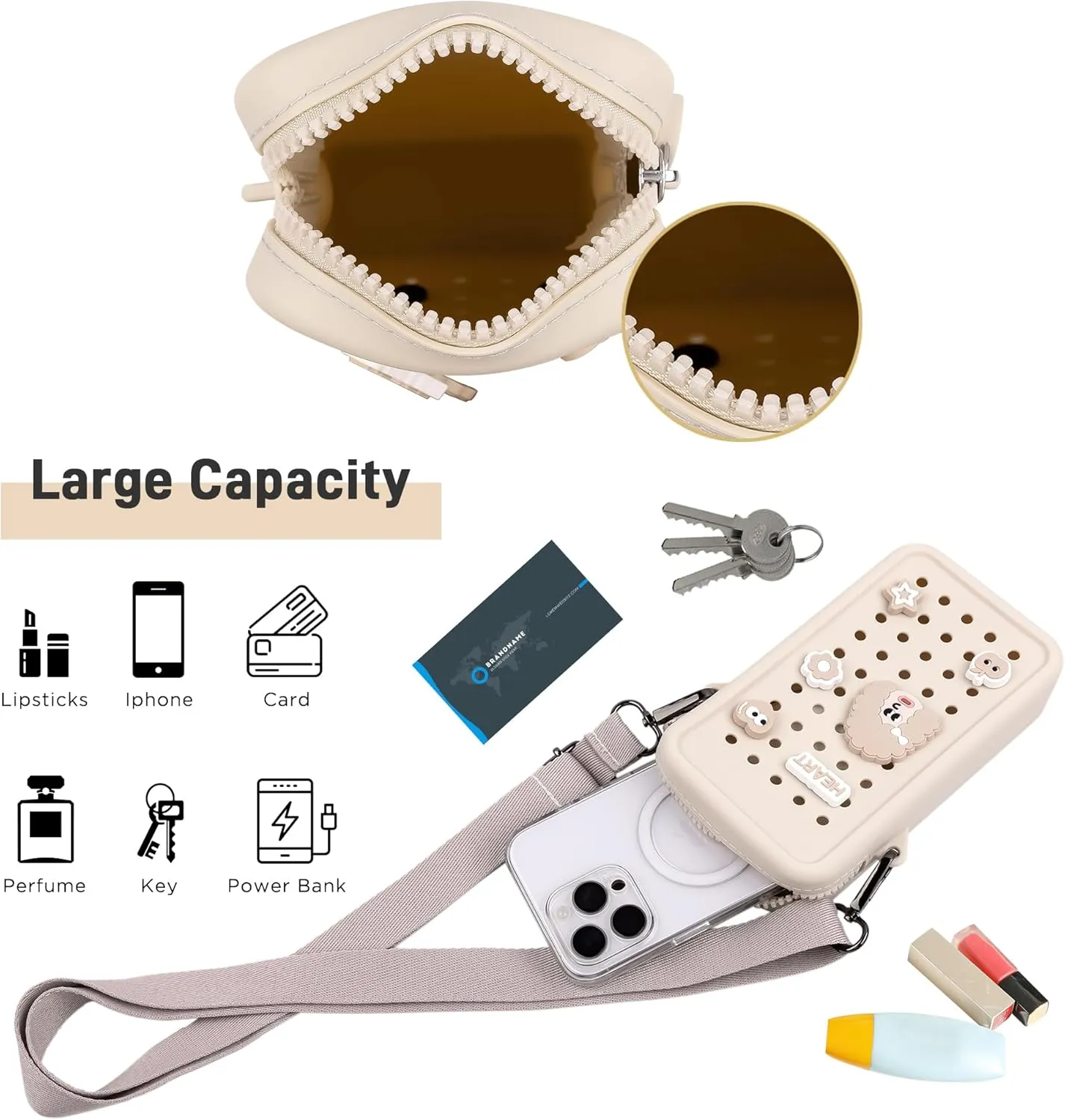 CANDY Small Crossbody Bag with Wide Shoulder Strap and Larger Holes for Charms  Adjustable, Stylish, and Comfortable Everyday Bag (Beige)