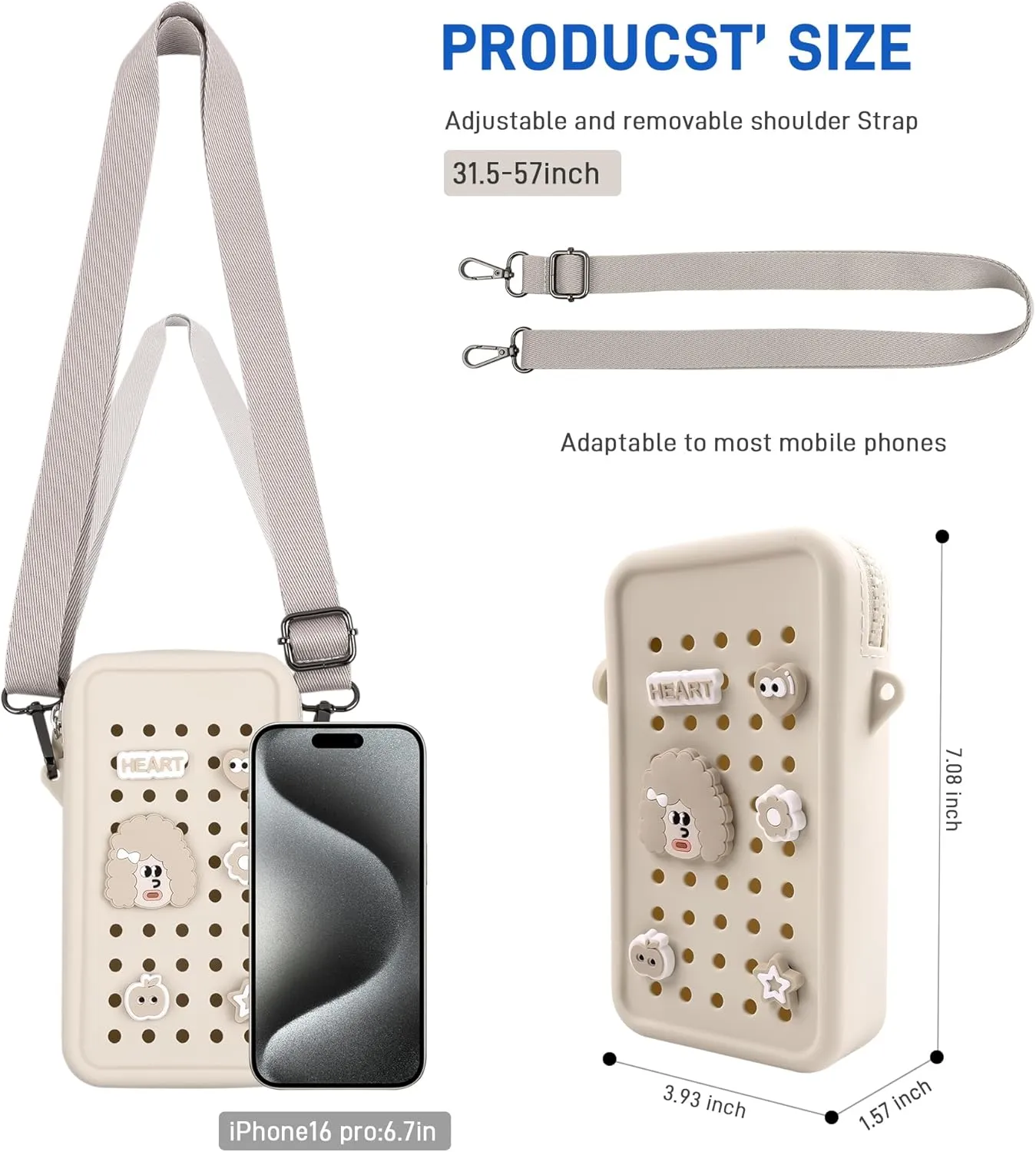 CANDY Small Crossbody Bag with Wide Shoulder Strap and Larger Holes for Charms  Adjustable, Stylish, and Comfortable Everyday Bag (Beige)