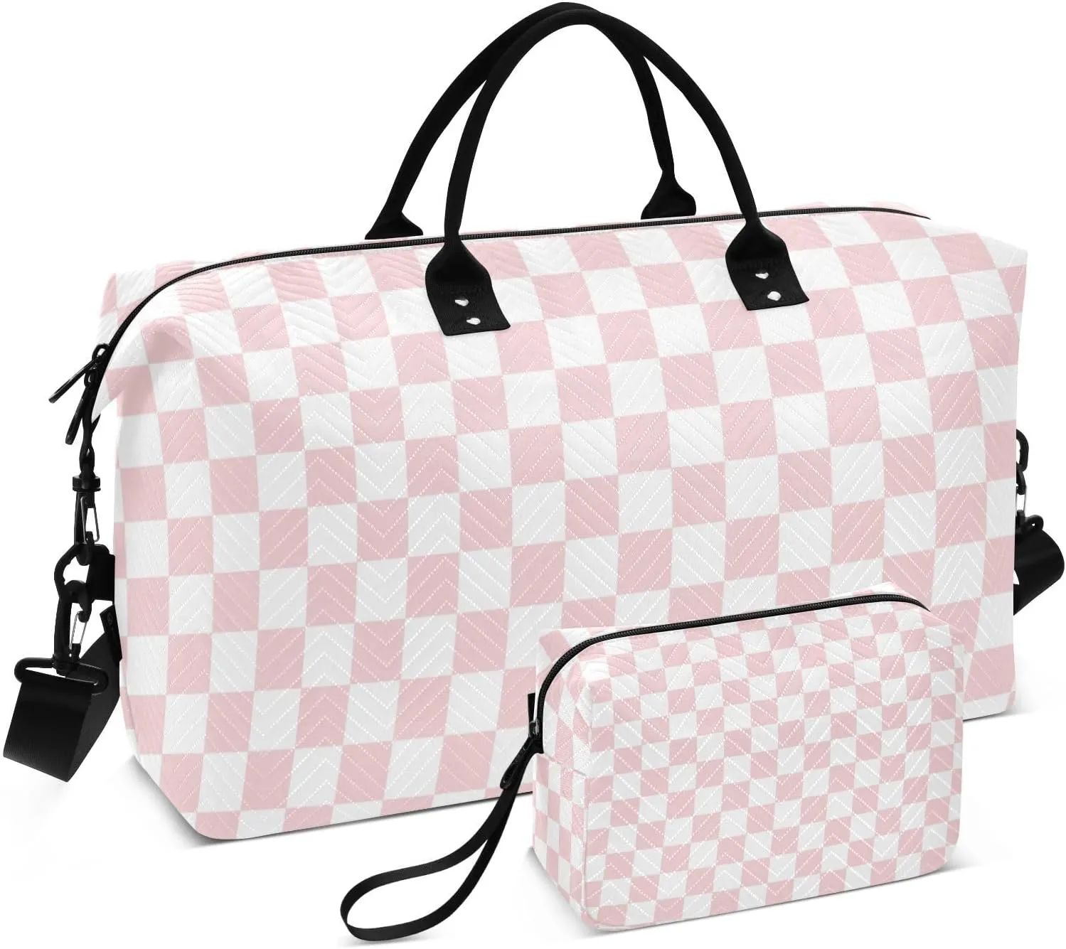 CEBUGI Pink Checkerboard Quilted Duffle Bag for Women Large Carry On Travel Weekend Bag Hospital Bags for Labor and Delivery