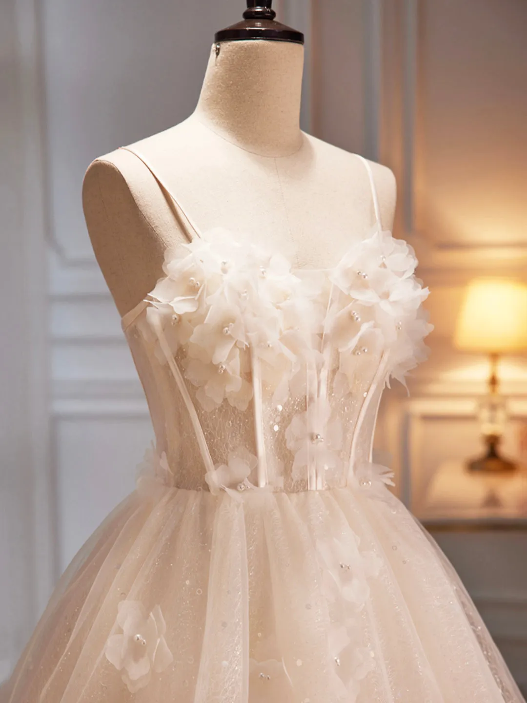 Champagne Spaghetti Strap Party Dress Cute A-Line Evening Dress Homecoming Dress