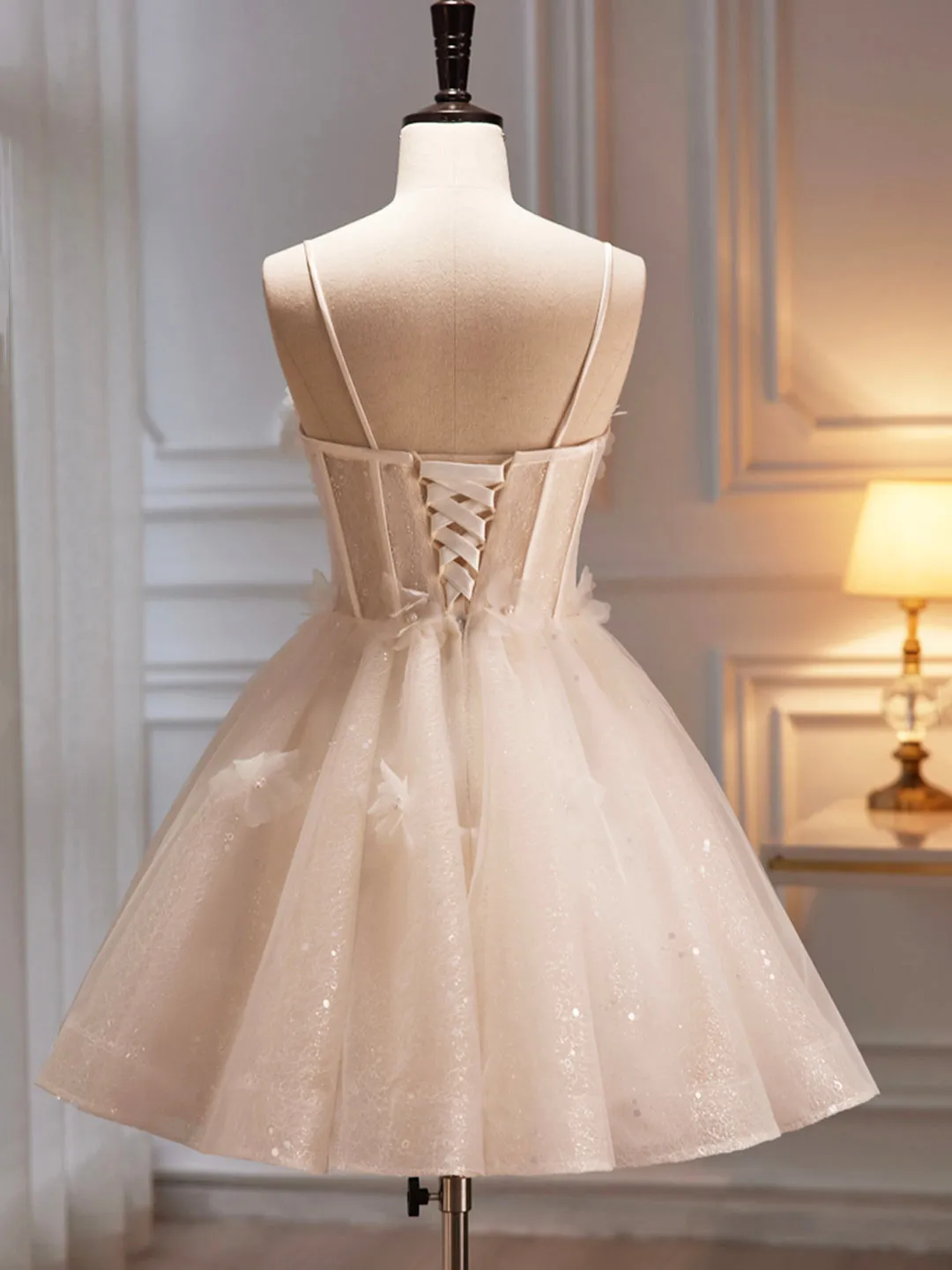 Champagne Spaghetti Strap Party Dress Cute A-Line Evening Dress Homecoming Dress
