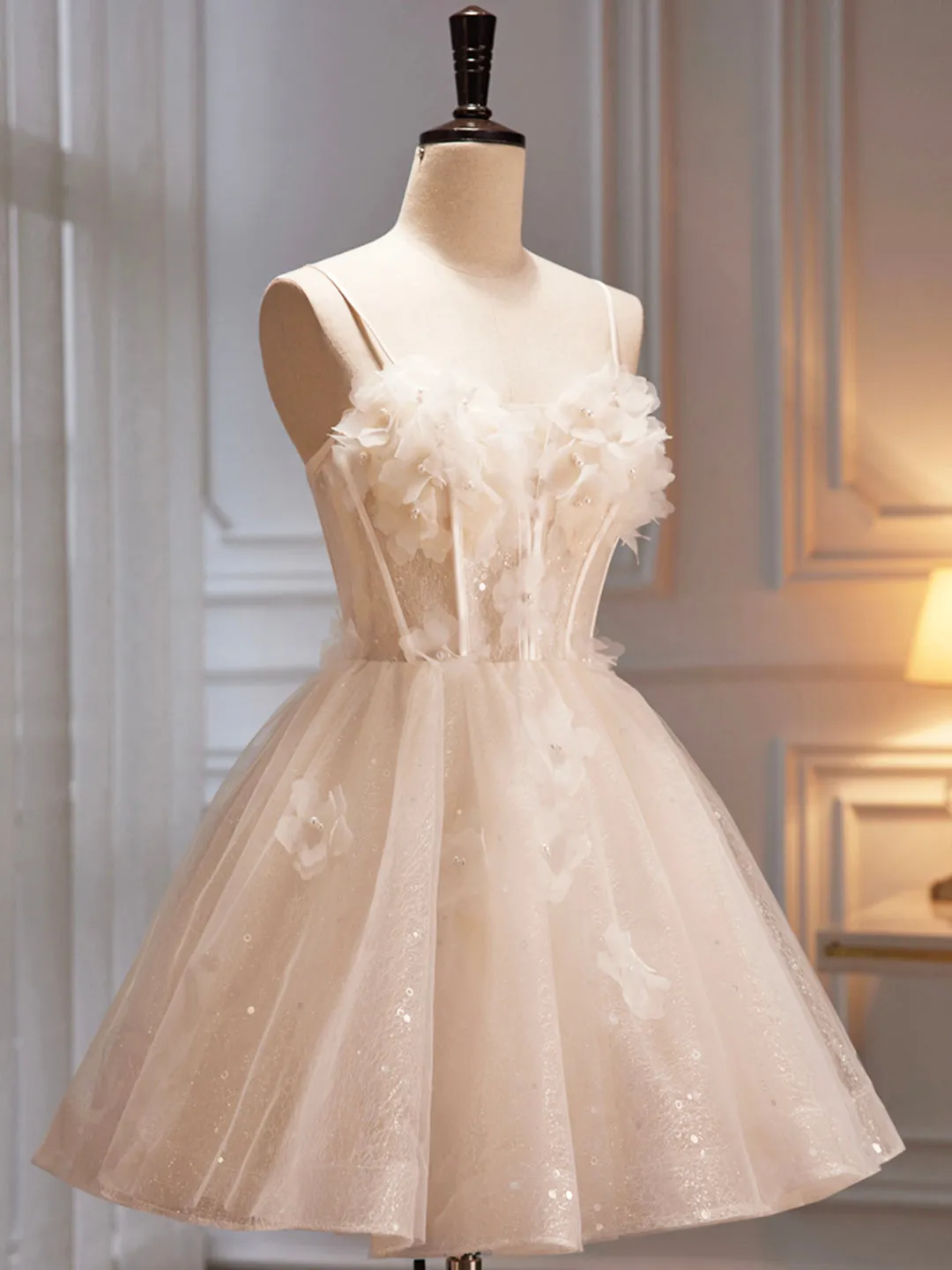 Champagne Spaghetti Strap Party Dress Cute A-Line Evening Dress Homecoming Dress