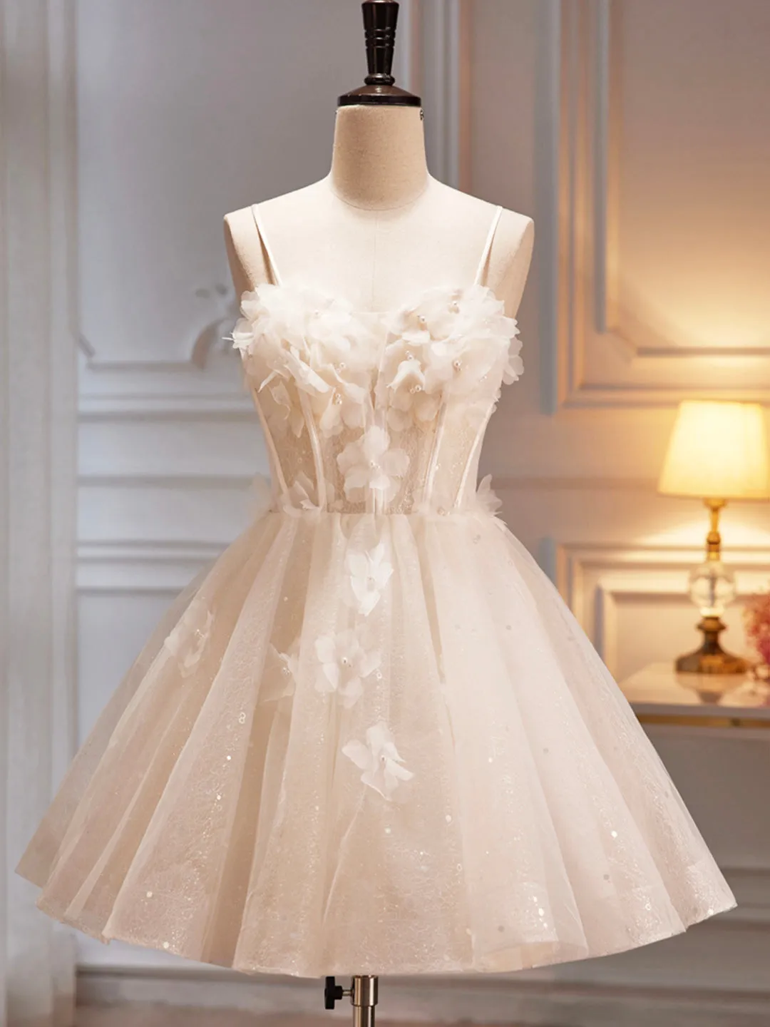 Champagne Spaghetti Strap Party Dress Cute A-Line Evening Dress Homecoming Dress