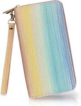 Clutch Wallet for Women, Gradient Color Multi Slot Women's Wallet with Double Zippers and Detachable Wristband