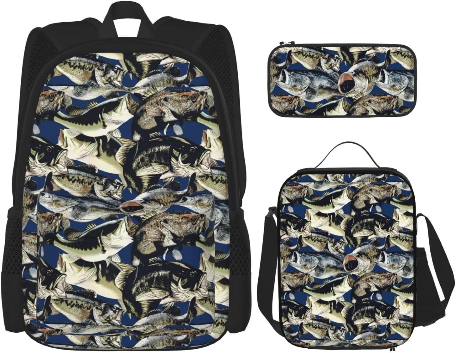 Fish pattern print 3-Piece Casual Backpack Set (Backpack   Waist Bag   Small Pouch), Unisex Daypack