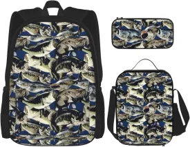Fish pattern print 3-Piece Casual Backpack Set (Backpack   Waist Bag   Small Pouch), Unisex Daypack