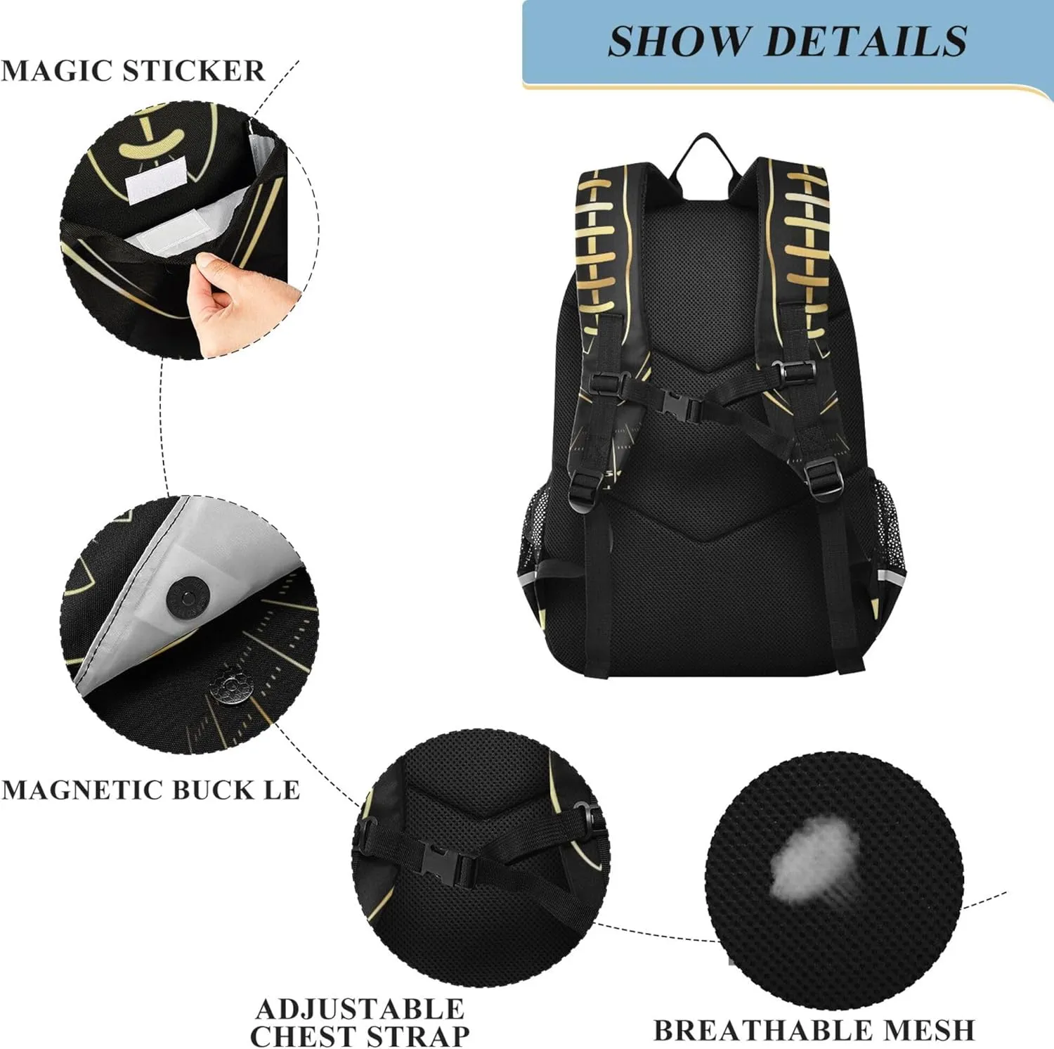 Fisyme Gold American Football School Backpack Laptop Backpack Bags Bookbag Travel Casual Computer Notebooks Daypack