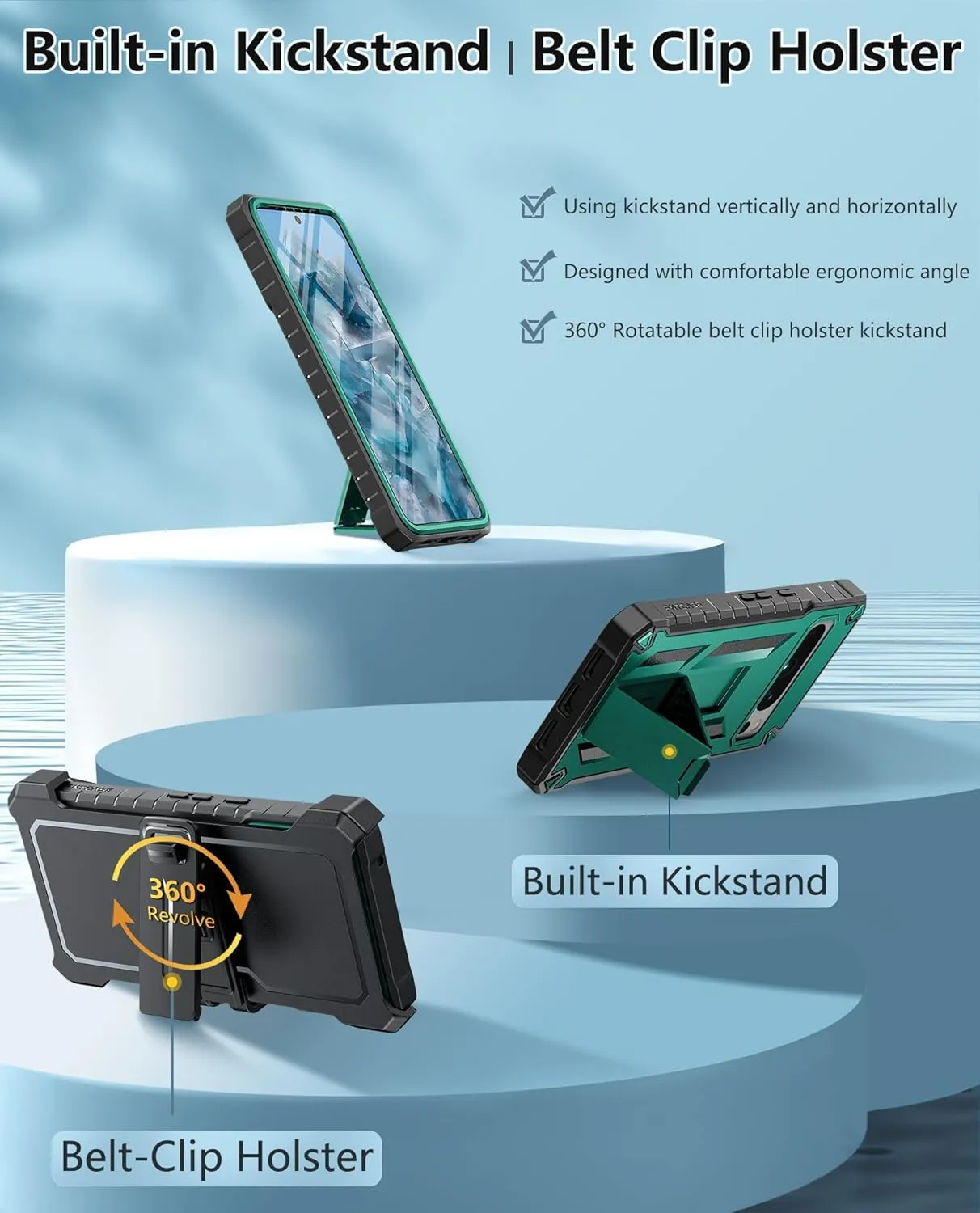 FNTCASE for Google Pixel 8 Pro Case: Built-in Screen Protector & Kickstand & Belt-Clip Holster, Extra Front Frame, Full-Body Dual Layer Rugged Military Shockproof Cell Phone Protective Cover-Teal