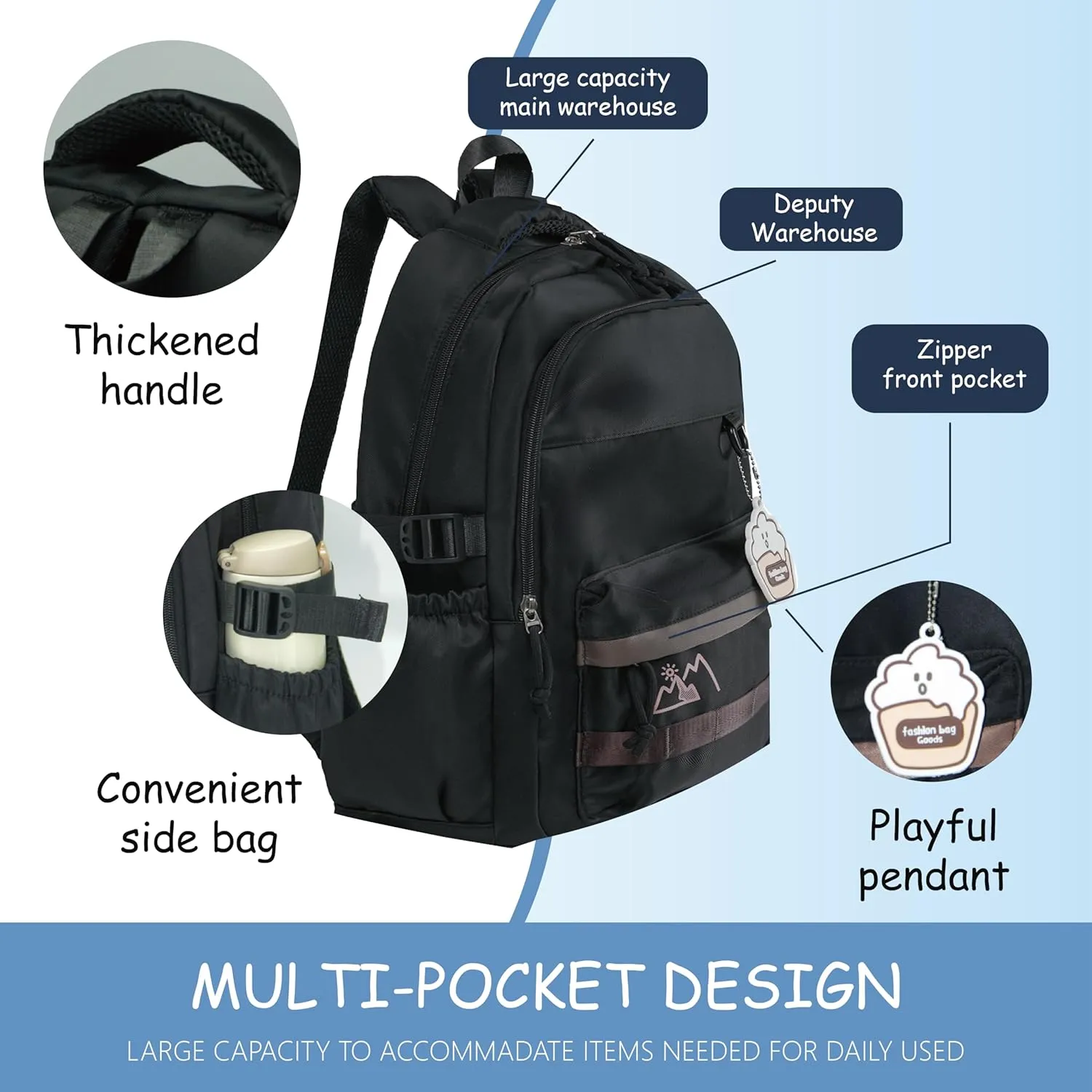 Geerlaqaly backpack set, casual backpack with lunch box and coin purse, unisex, 15.6-inch laptop, large capacity backpack, lightweight, anti-theft and waterproof, suitable for daily travel,black