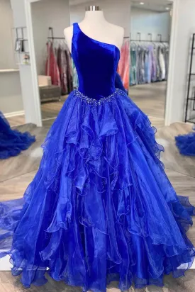 kamahe Royal Blue Prom Dress A Line One Shoulder Long Party Evening Dress with Beading