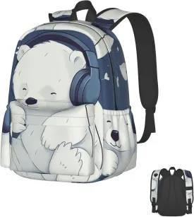 Laptop Backpack for Men Women Lightweight Backpack Bear Who Loves Music Casual Daypack with Bottle Side Pockets