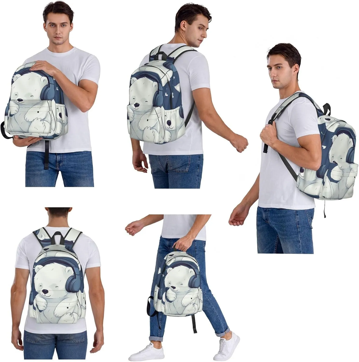 Laptop Backpack for Men Women Lightweight Backpack Bear Who Loves Music Casual Daypack with Bottle Side Pockets