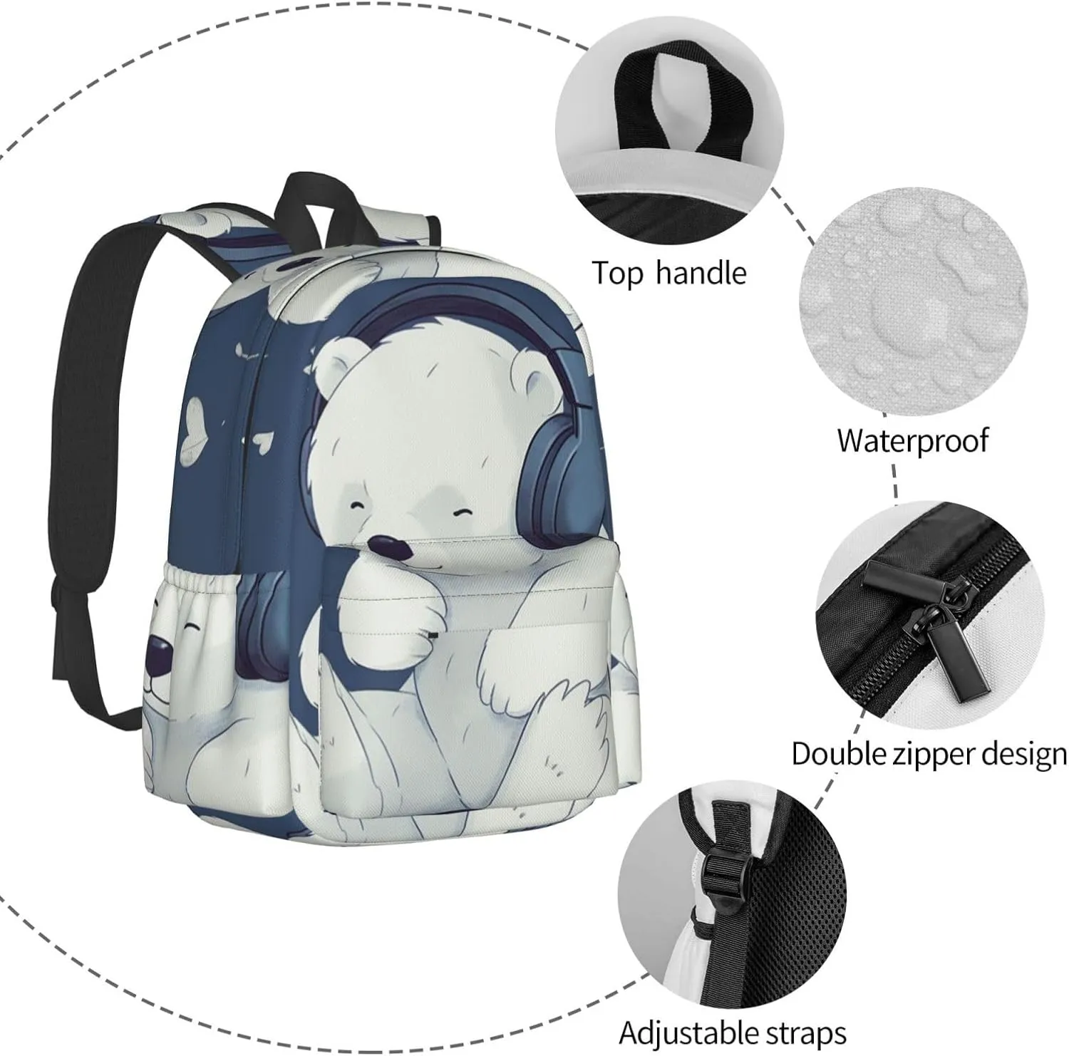 Laptop Backpack for Men Women Lightweight Backpack Bear Who Loves Music Casual Daypack with Bottle Side Pockets