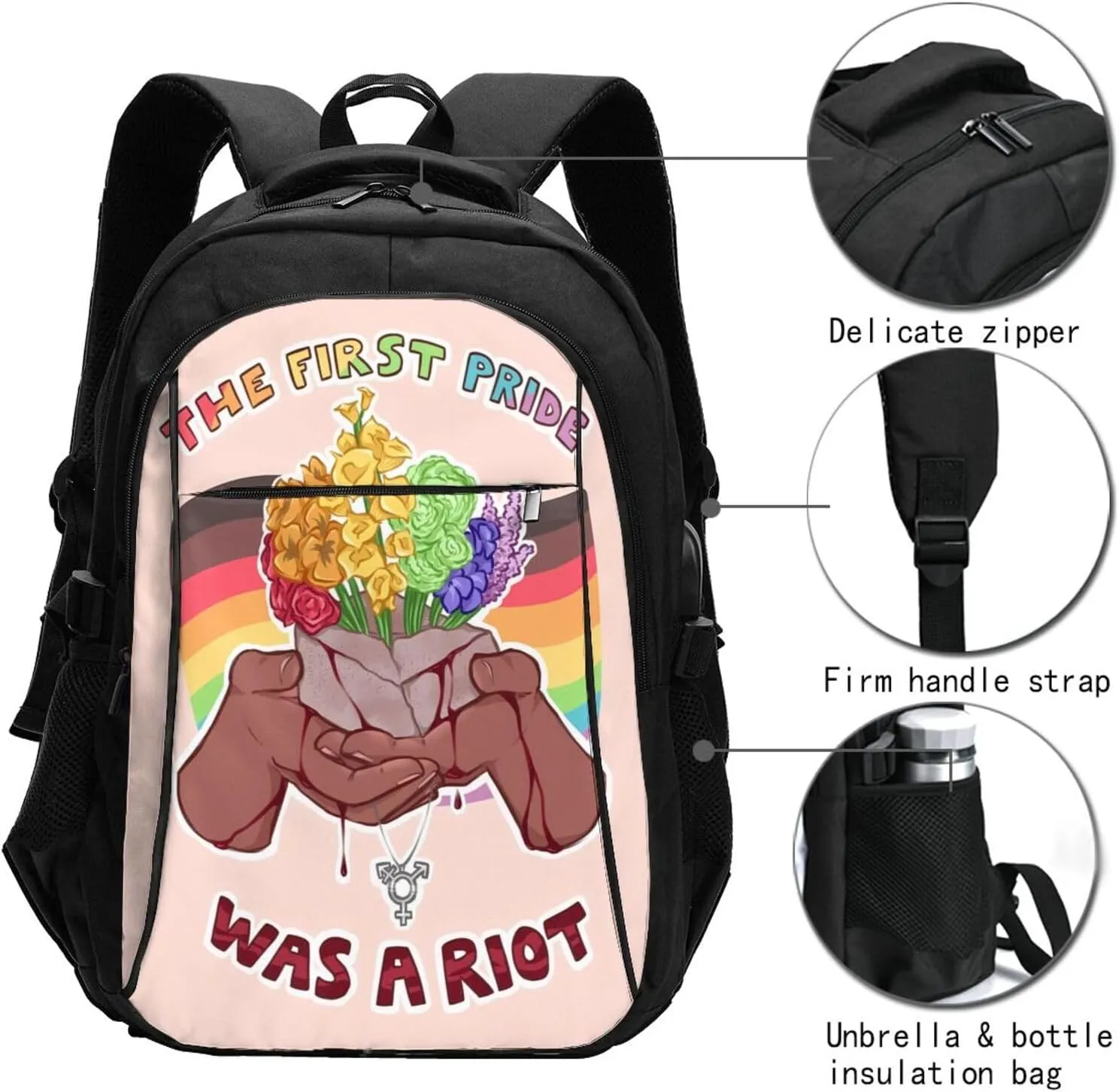 LGBT Rainbow Gay Pride Flag The First Pride Was A Riot Travel Laptop Backpack Casual Daypack Large Notebook Rucksack Business Bag Sports Bags with USB Charging Port for Gym Yoga Hiking