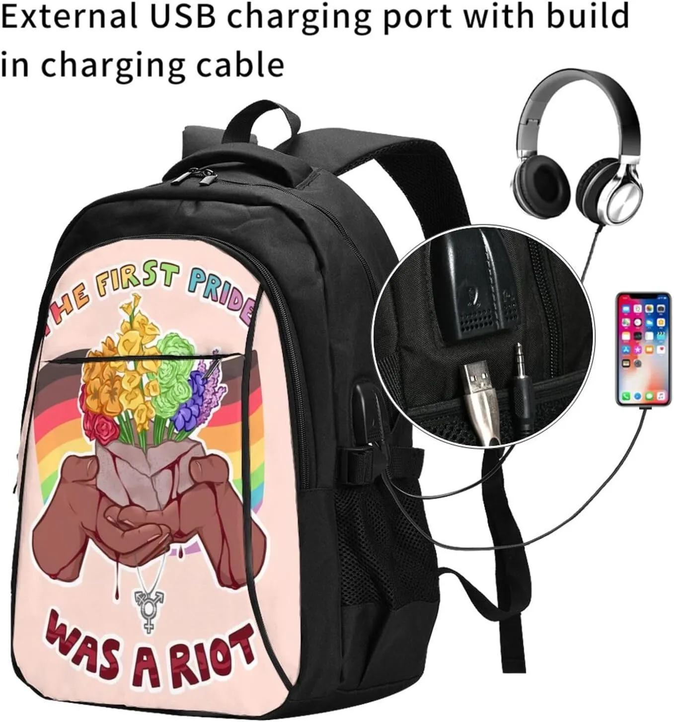 LGBT Rainbow Gay Pride Flag The First Pride Was A Riot Travel Laptop Backpack Casual Daypack Large Notebook Rucksack Business Bag Sports Bags with USB Charging Port for Gym Yoga Hiking