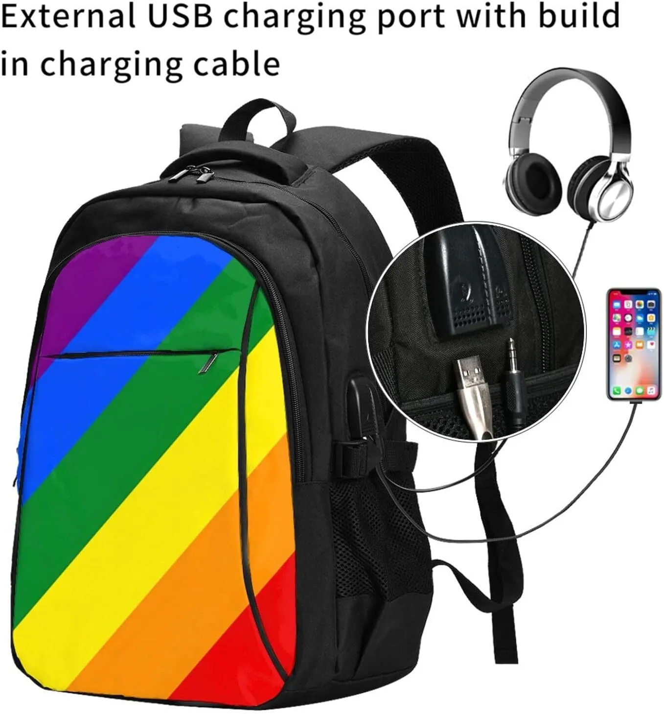 LGBT Rainbow Gay Pride Flag Travel Laptop Backpack Casual Daypack Large Notebook Rucksack Business Bag Sports Bags with USB Charging Port for Gym Yoga Hiking