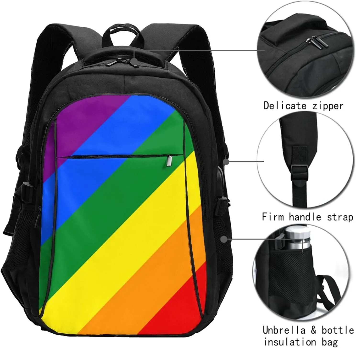 LGBT Rainbow Gay Pride Flag Travel Laptop Backpack Casual Daypack Large Notebook Rucksack Business Bag Sports Bags with USB Charging Port for Gym Yoga Hiking