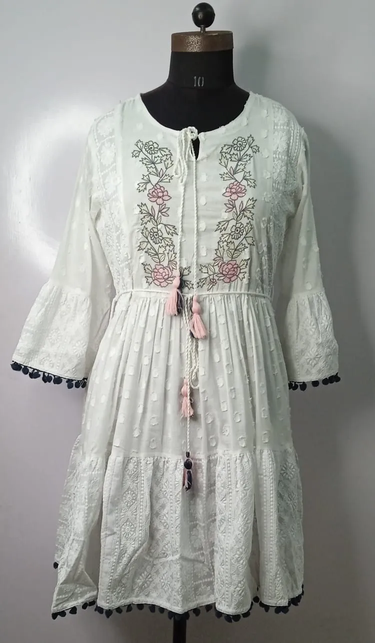 Mul Cotton Lucknowy Frock With Pompom Borders