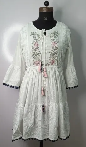 Mul Cotton Lucknowy Frock With Pompom Borders