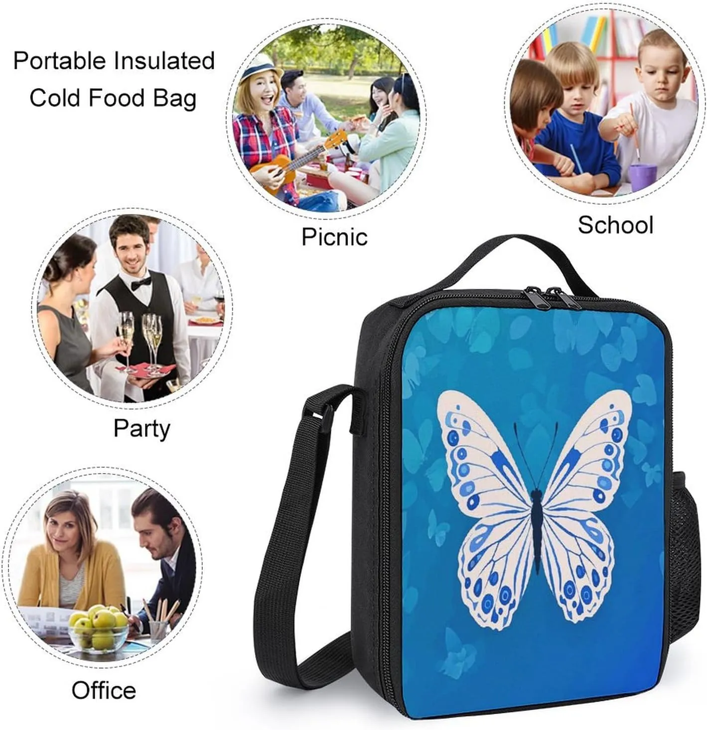 Portable Backpack Set with Lunch Bag & Pencil Case, Butterfly Motif Print 3-in-1 Durable Work Bag,Adjustable Straps,Lightweight & Spacious