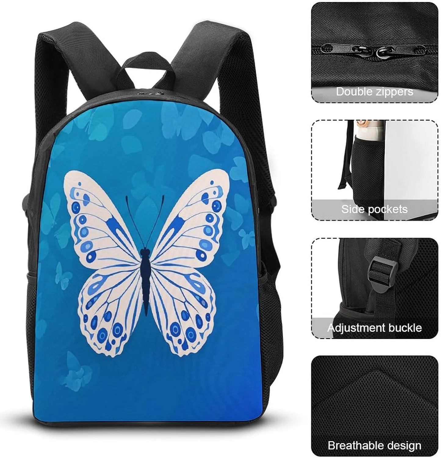 Portable Backpack Set with Lunch Bag & Pencil Case, Butterfly Motif Print 3-in-1 Durable Work Bag,Adjustable Straps,Lightweight & Spacious
