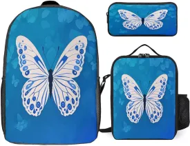Portable Backpack Set with Lunch Bag & Pencil Case, Butterfly Motif Print 3-in-1 Durable Work Bag,Adjustable Straps,Lightweight & Spacious