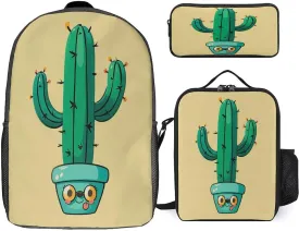Portable Backpack Set with Lunch Bag & Pencil Case, Cacti Print 3-in-1 Durable Work Bag,Adjustable Straps,Lightweight & Spacious