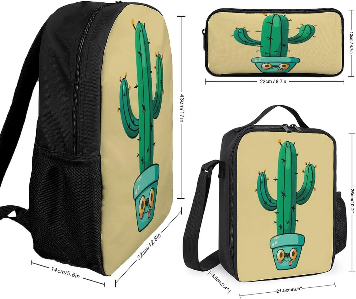 Portable Backpack Set with Lunch Bag & Pencil Case, Cacti Print 3-in-1 Durable Work Bag,Adjustable Straps,Lightweight & Spacious