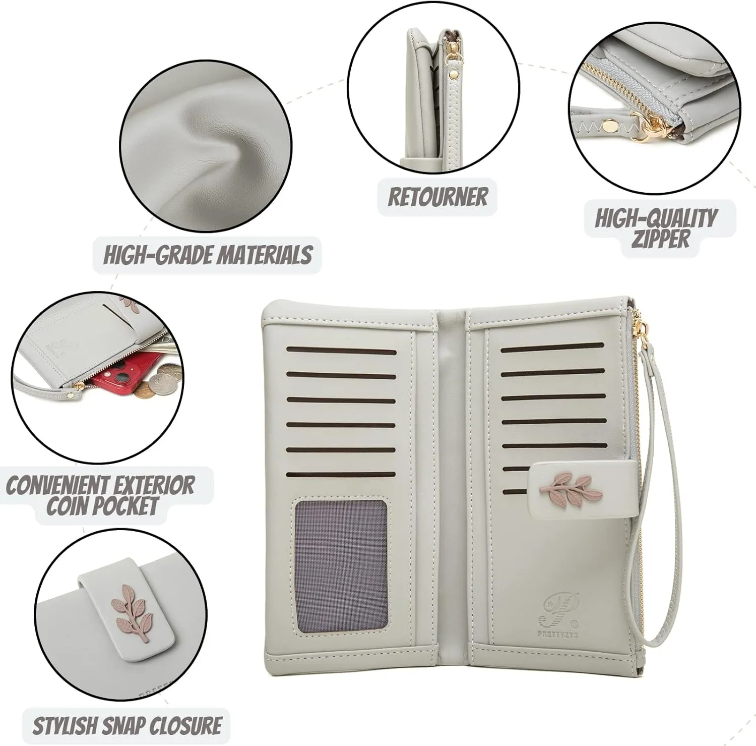Prettyzys Women's Clutch Wallet with Phone Pocket  Handmade, RFID Blocking Wristlet Wallet Case with Cash, Coins, Credit Cards Compartments - Cell Phone Purse for Ladies, Teenage Girls - Grey