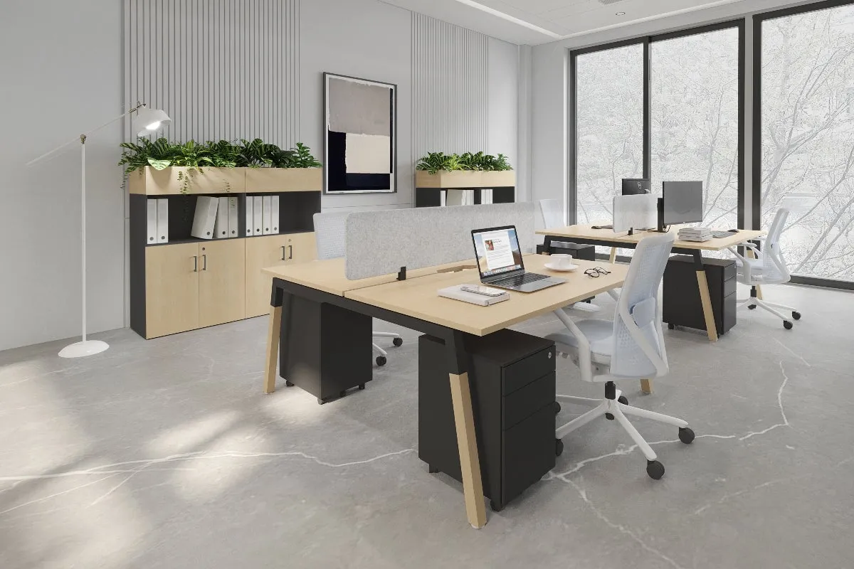 Quadro A Legs 2 Person Office Workstation - Wood Legs Cross Beam [1600L x 800W with Cable Scallop]