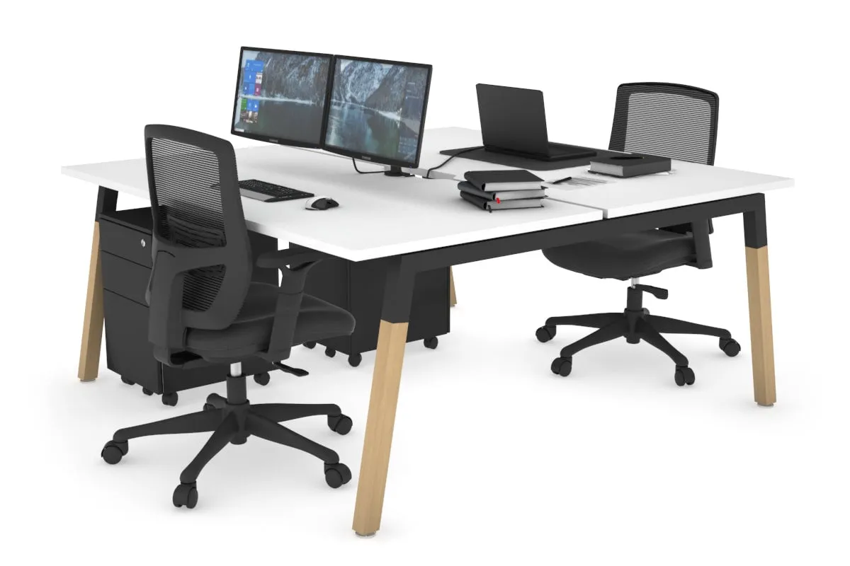 Quadro A Legs 2 Person Office Workstation - Wood Legs Cross Beam [1600L x 800W with Cable Scallop]
