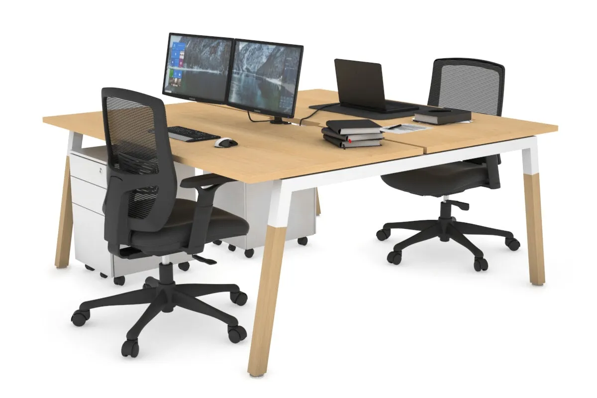 Quadro A Legs 2 Person Office Workstation - Wood Legs Cross Beam [1600L x 800W with Cable Scallop]