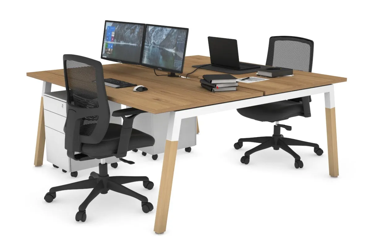 Quadro A Legs 2 Person Office Workstation - Wood Legs Cross Beam [1600L x 800W with Cable Scallop]
