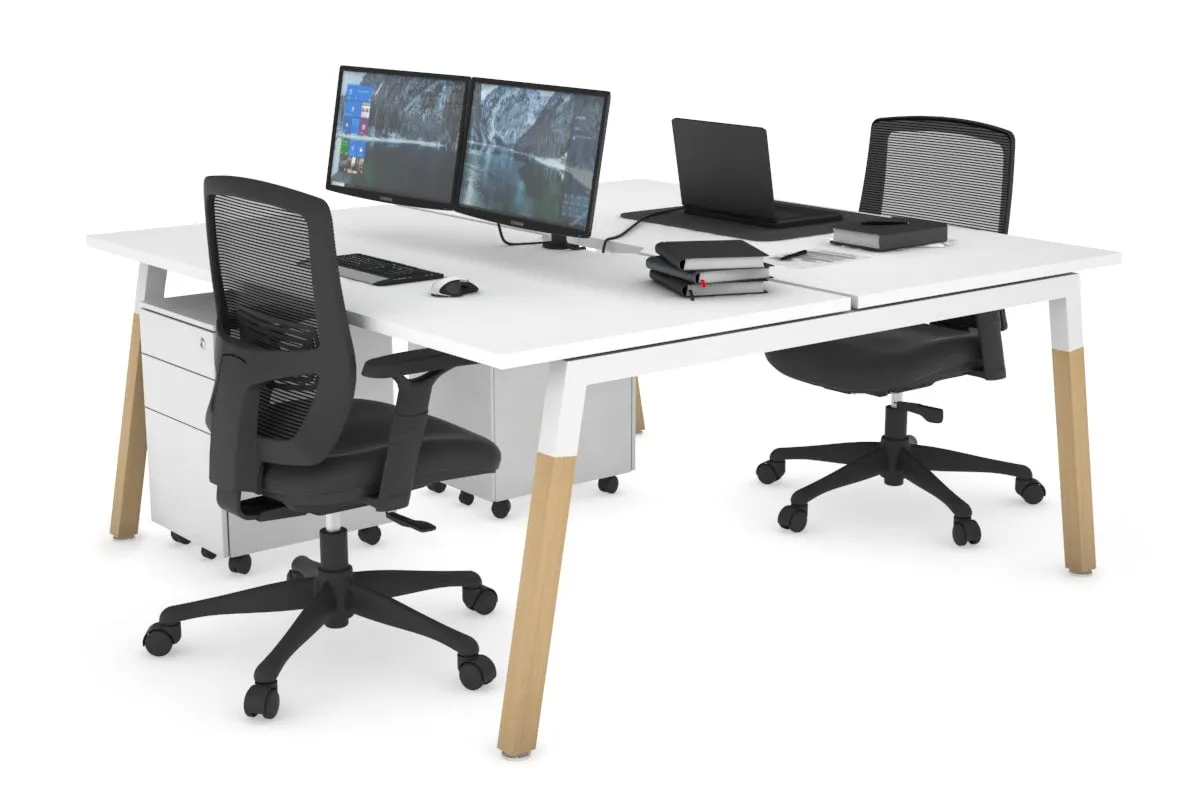 Quadro A Legs 2 Person Office Workstation - Wood Legs Cross Beam [1600L x 800W with Cable Scallop]