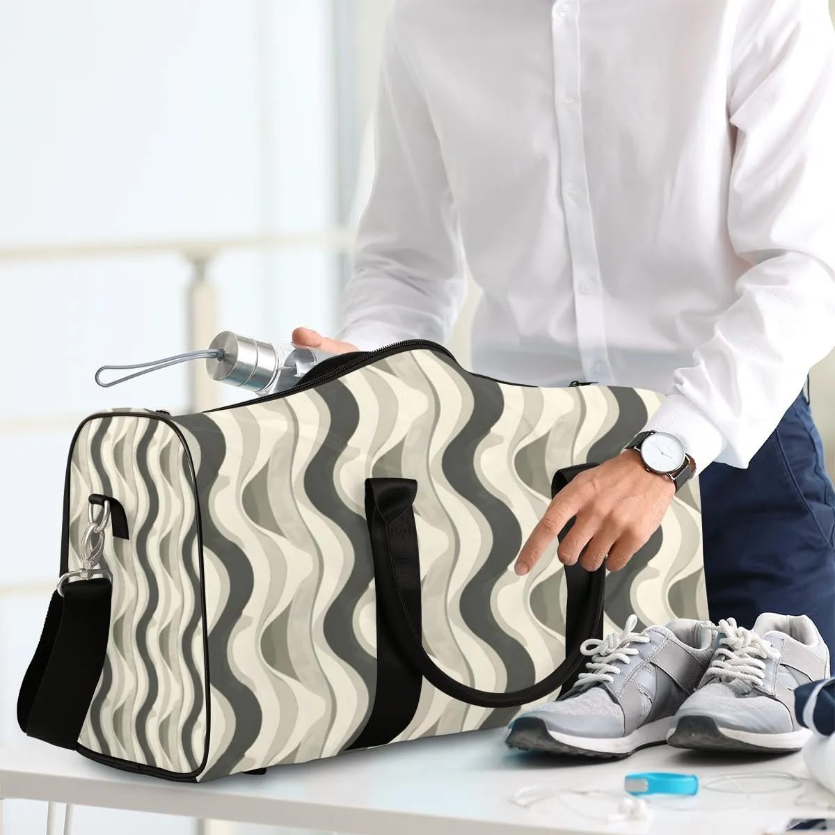 Retro Aesthetic Swirl Travel Duffle Bag for Women Men Gym Duffel Foldable Bag Waterproof Weekender Mid Century Boho Duffle Tote