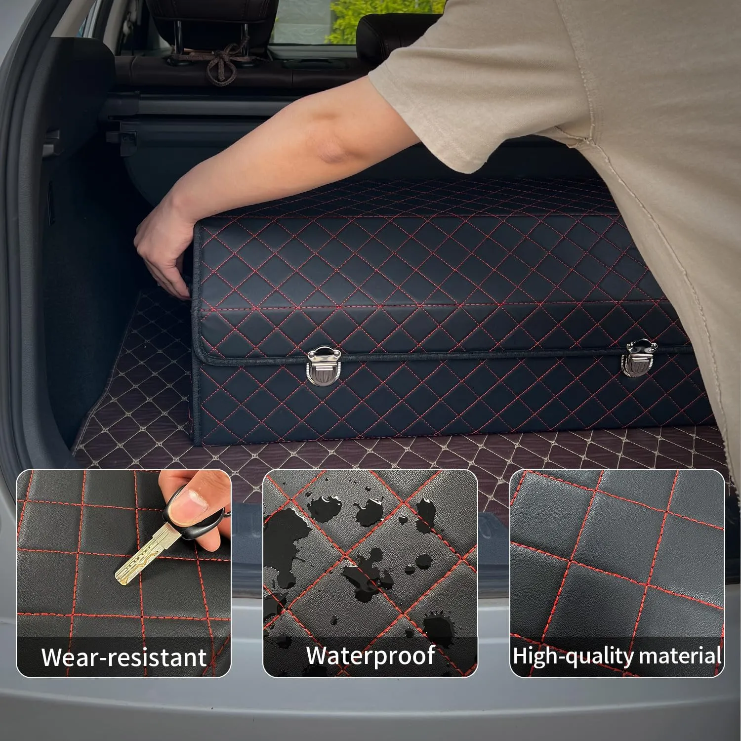 Trunk Organizer for Car With Lid,Foldable Trunk Organizer for SUVs & Sedans,Multi-Functional Leather Storage Box - Black Red Grid - Large