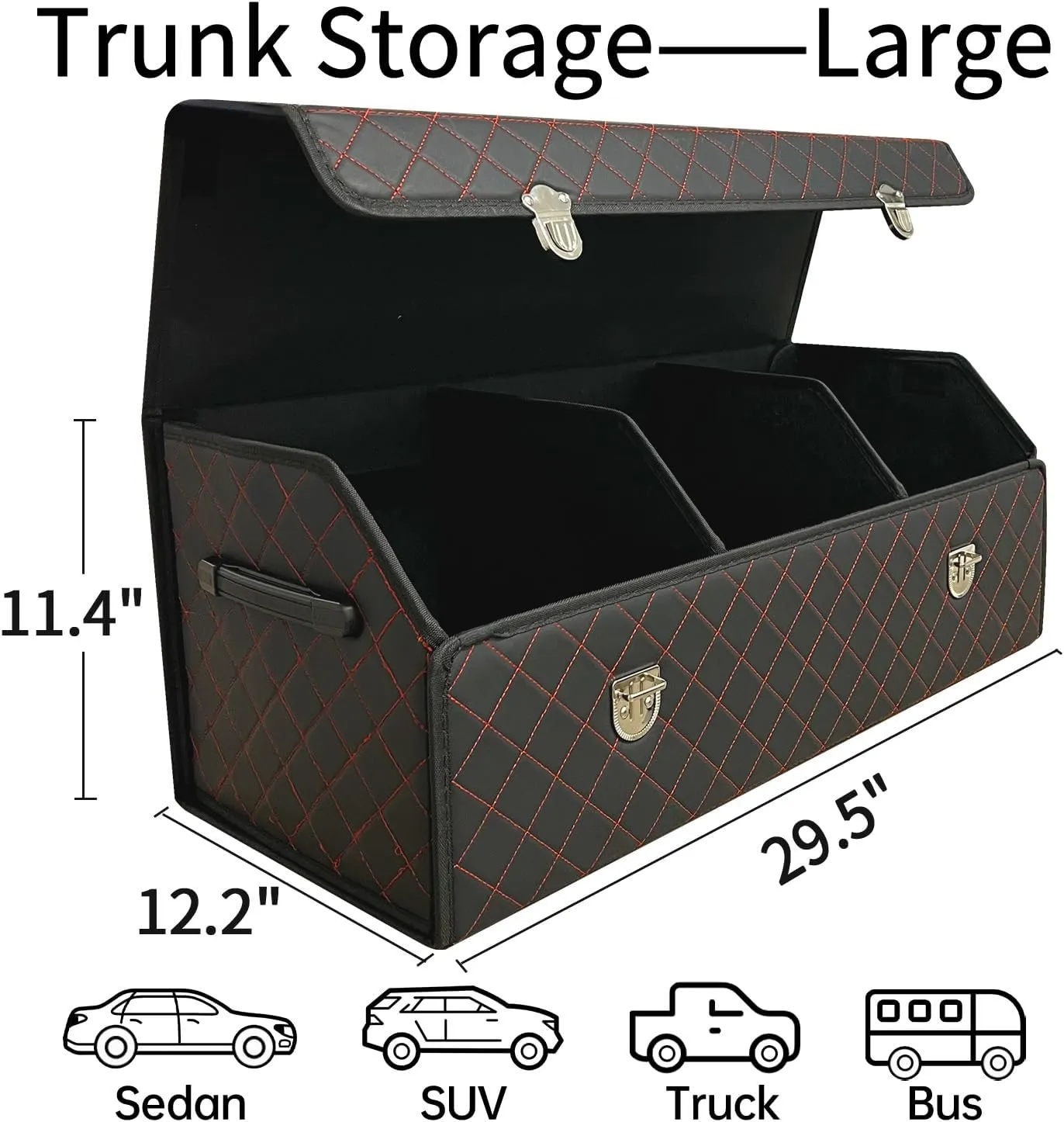 Trunk Organizer for Car With Lid,Foldable Trunk Organizer for SUVs & Sedans,Multi-Functional Leather Storage Box - Black Red Grid - Large