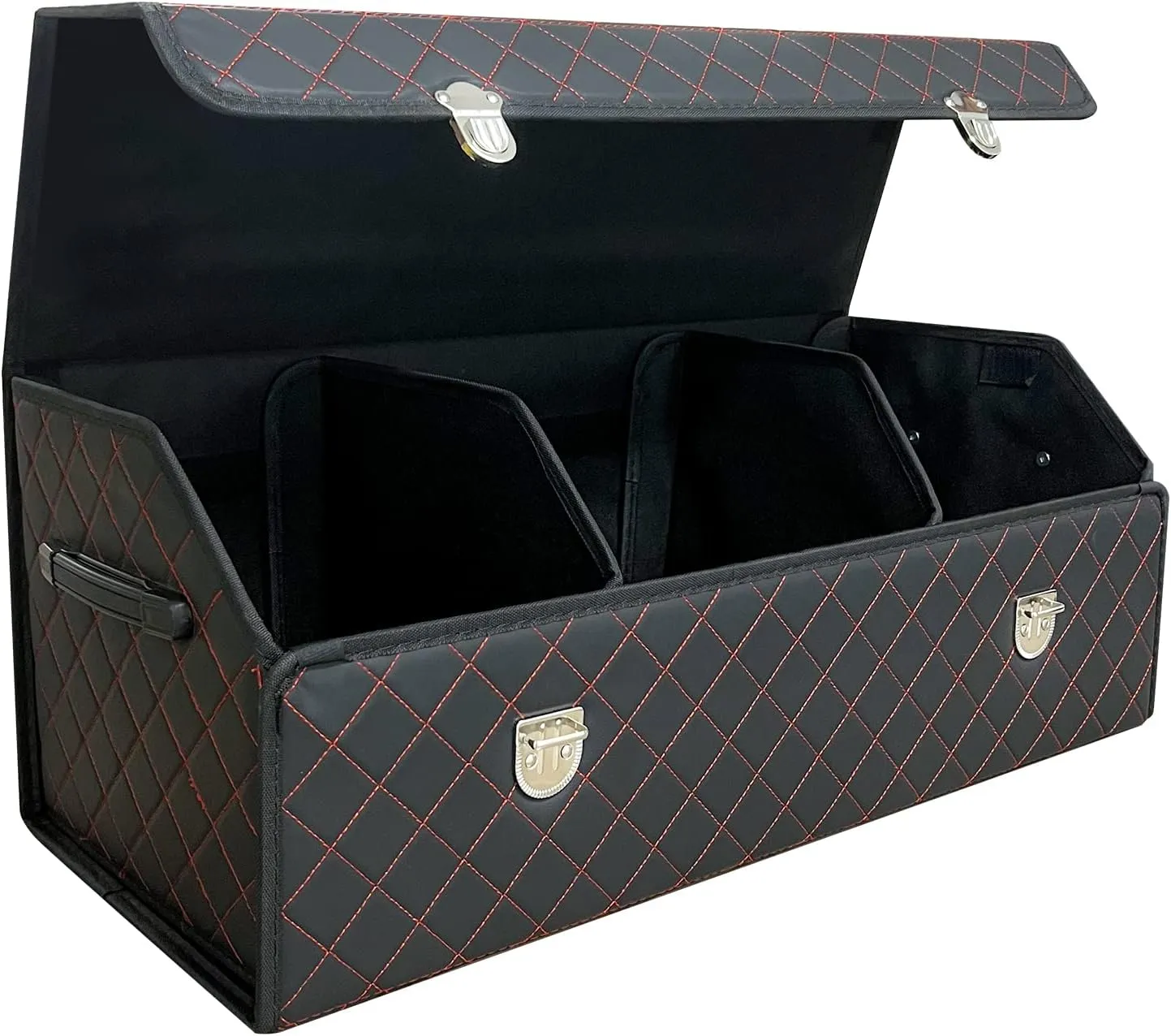 Trunk Organizer for Car With Lid,Foldable Trunk Organizer for SUVs & Sedans,Multi-Functional Leather Storage Box - Black Red Grid - Large