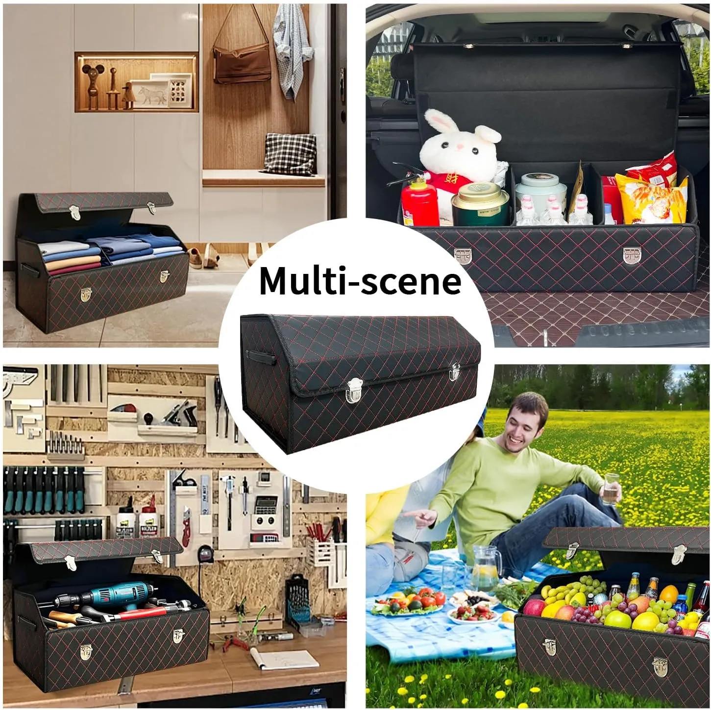 Trunk Organizer for Car With Lid,Foldable Trunk Organizer for SUVs & Sedans,Multi-Functional Leather Storage Box - Black Red Grid - Large