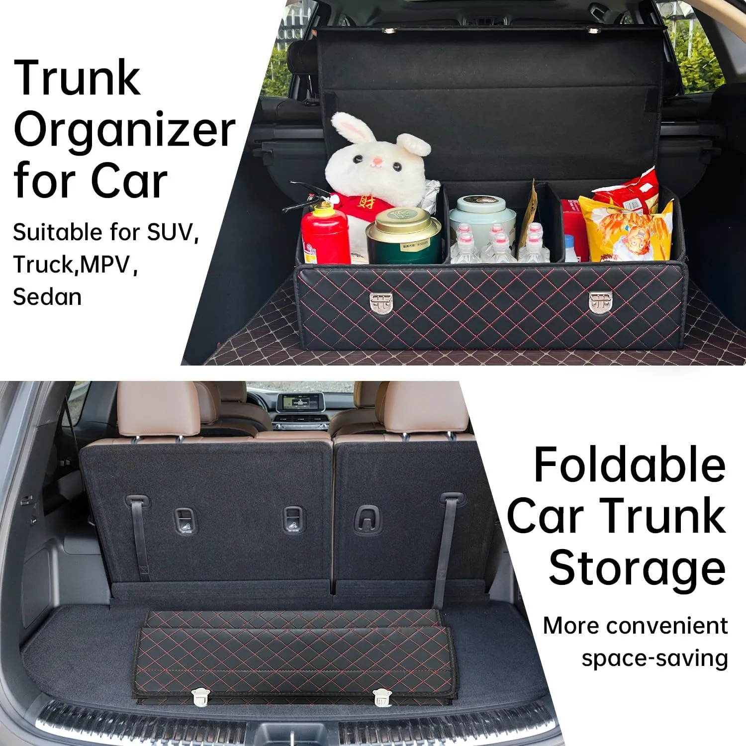 Trunk Organizer for Car With Lid,Foldable Trunk Organizer for SUVs & Sedans,Multi-Functional Leather Storage Box - Black Red Grid - Large