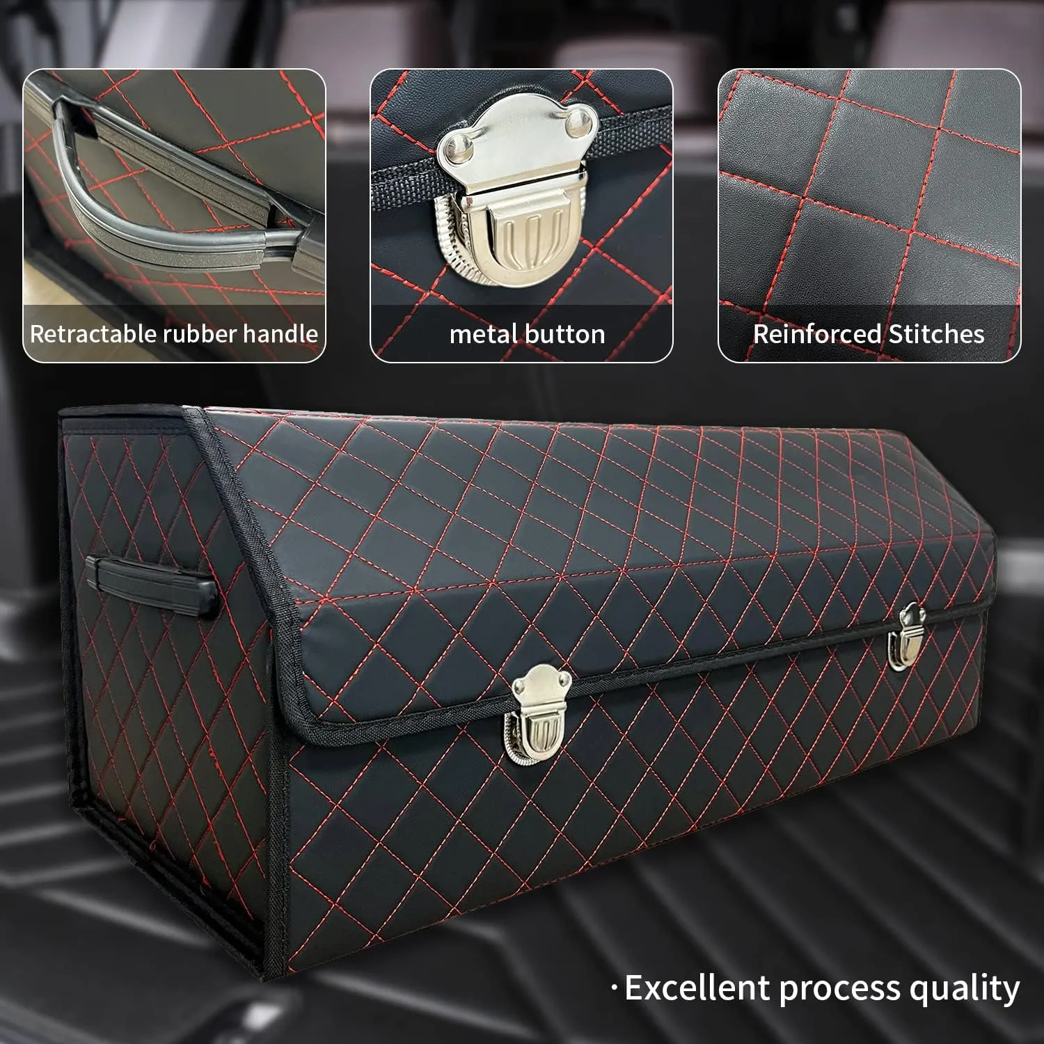 Trunk Organizer for Car With Lid,Foldable Trunk Organizer for SUVs & Sedans,Multi-Functional Leather Storage Box - Black Red Grid - Large