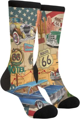 Vintage Route 66 Motorcycle Socks Funny Crew Dress Socks For Men Women