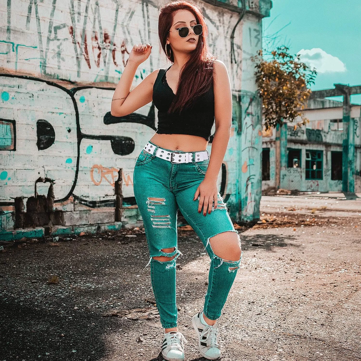 WHIPPY Double Grommet Belt for Women Men PU Leather Double Prong Buckle Vintage Punk Rock Jeans Belts